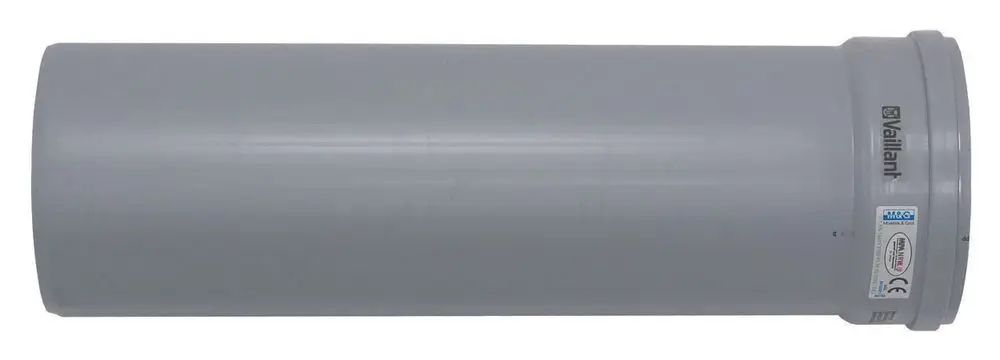 Graue Verlängerung aus Kunststoff mit einem Anschluss von Vaillant, geeignet für Rohrsysteme. Sie hat einen runden Querschnitt und eine glatte Oberfläche.